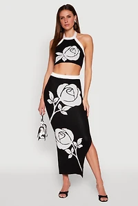 Womens Contrast Trim Floral Print Crop Top, Black, Size M