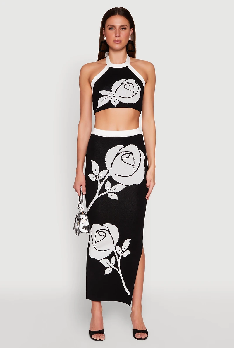 Womens Contrast Trim Floral Print Crop Top, Black, Size M