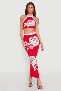 Womens Contrast Trim Floral Print Crop Top, Red, Size L