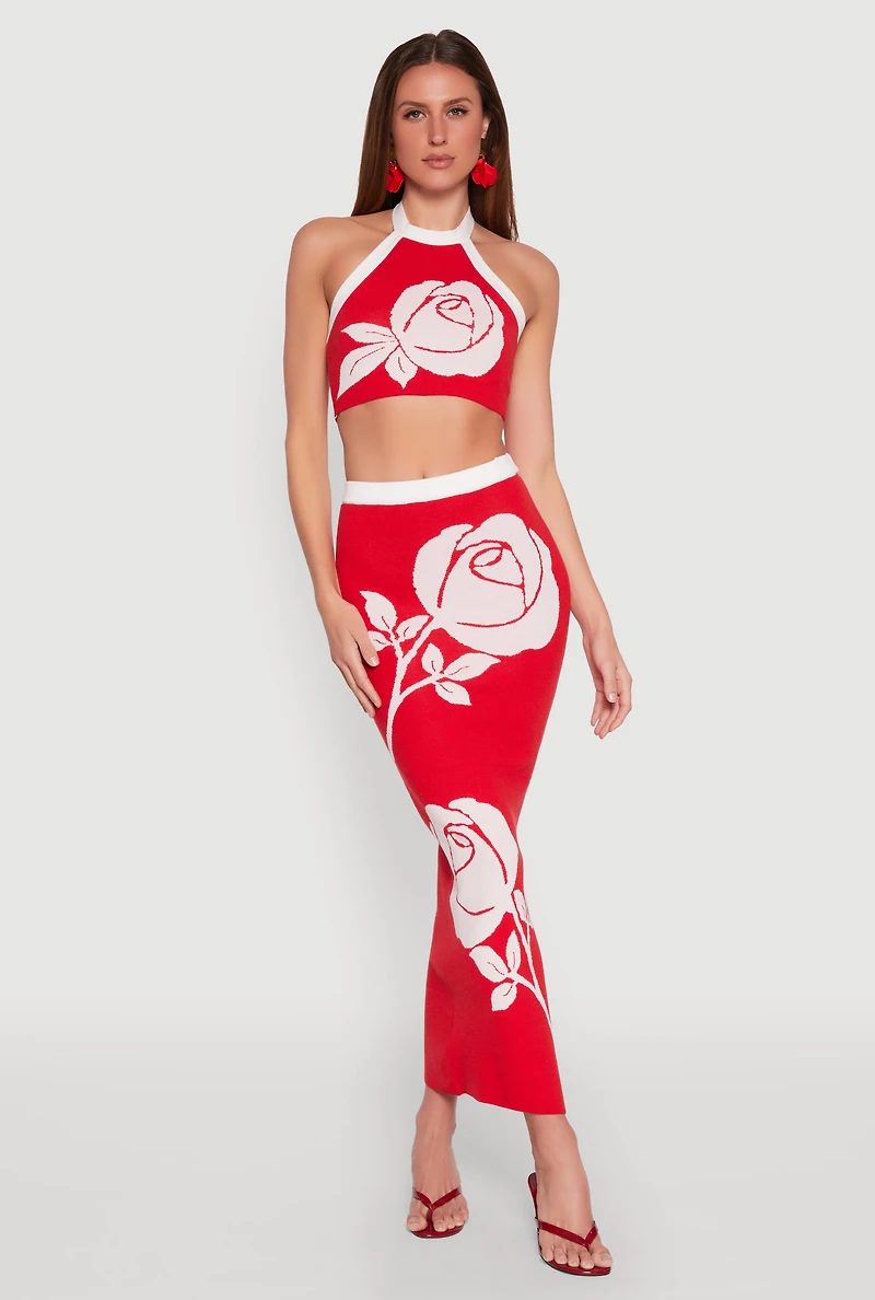 Womens Contrast Trim Floral Print Crop Top, Red, Size L