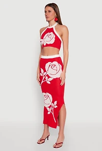 Womens Contrast Trim Floral Print Crop Top, Red, Size L