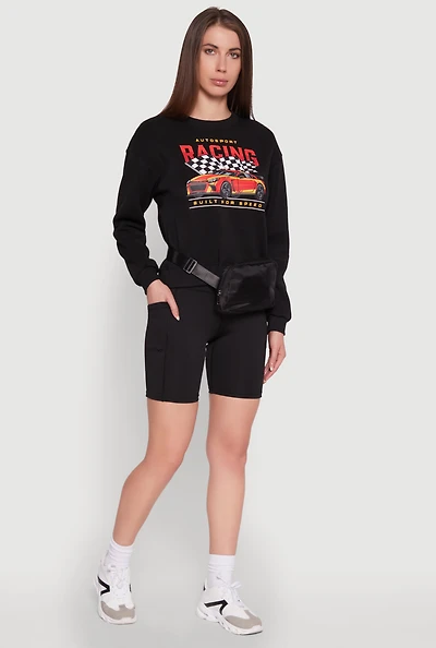 Trendy Racing Graphic Sweatshirt with Biker Shorts and Fanny Pack
