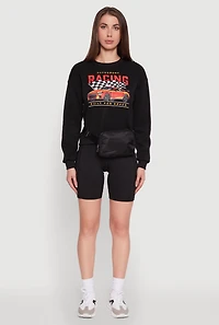 Womens Trendy Racing Graphic Sweatshirt with Biker Shorts and Fanny Pack, Black, Size S