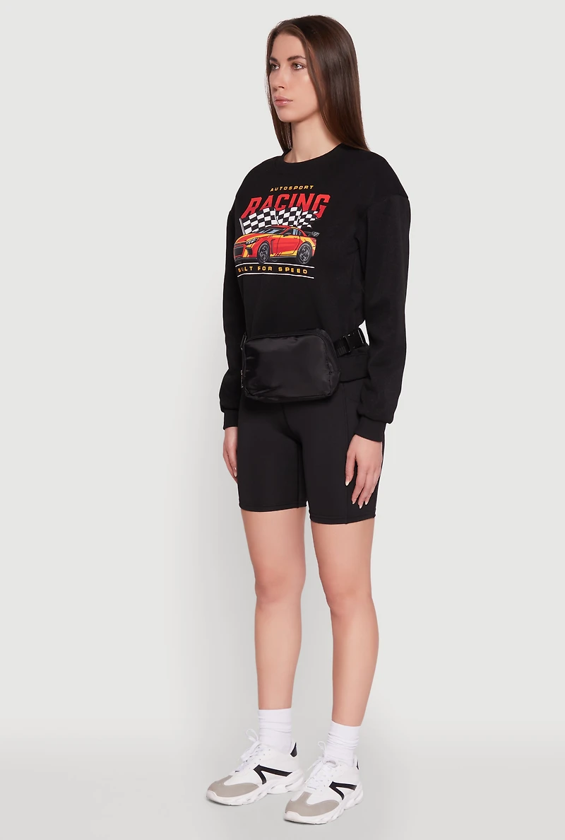 Trendy Racing Graphic Sweatshirt with Biker Shorts and Fanny Pack