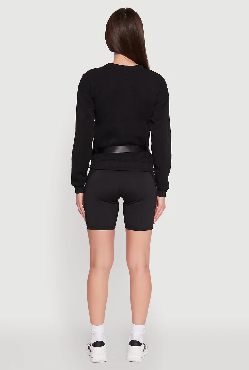 Womens Trendy Racing Graphic Sweatshirt with Biker Shorts and Fanny Pack, Black, Size S