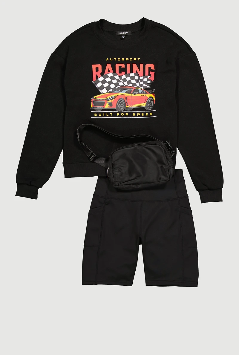 Womens Trendy Racing Graphic Sweatshirt with Biker Shorts and Fanny Pack, Black, Size XL