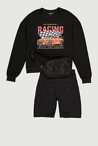 Trendy Racing Graphic Sweatshirt with Biker Shorts and Fanny Pack