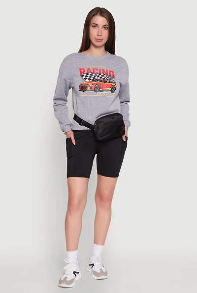 Womens Trendy Racing Graphic Sweatshirt with Biker Shorts and Fanny Pack, Grey, Size M