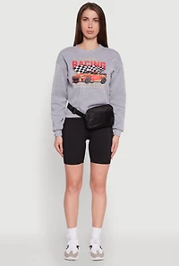 Womens Trendy Racing Graphic Sweatshirt with Biker Shorts and Fanny Pack, Grey, Size M