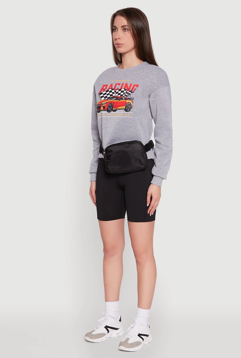 Womens Trendy Racing Graphic Sweatshirt with Biker Shorts and Fanny Pack, Grey, Size S