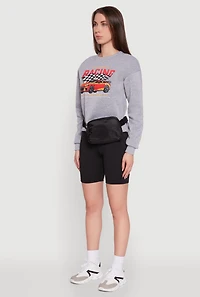 Womens Trendy Racing Graphic Sweatshirt with Biker Shorts and Fanny Pack, Grey, Size S