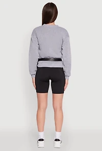 Womens Trendy Racing Graphic Sweatshirt with Biker Shorts and Fanny Pack, Grey, Size M