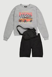 Womens Trendy Racing Graphic Sweatshirt with Biker Shorts and Fanny Pack, Grey, Size S