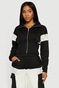Color Blocked Zip Front Collared Sweatshirt