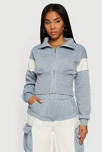 Color Blocked Zip Front Collared Sweatshirt
