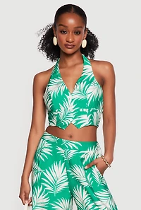 Leaf Print Cropped Tie Back Halter Blazer Vest