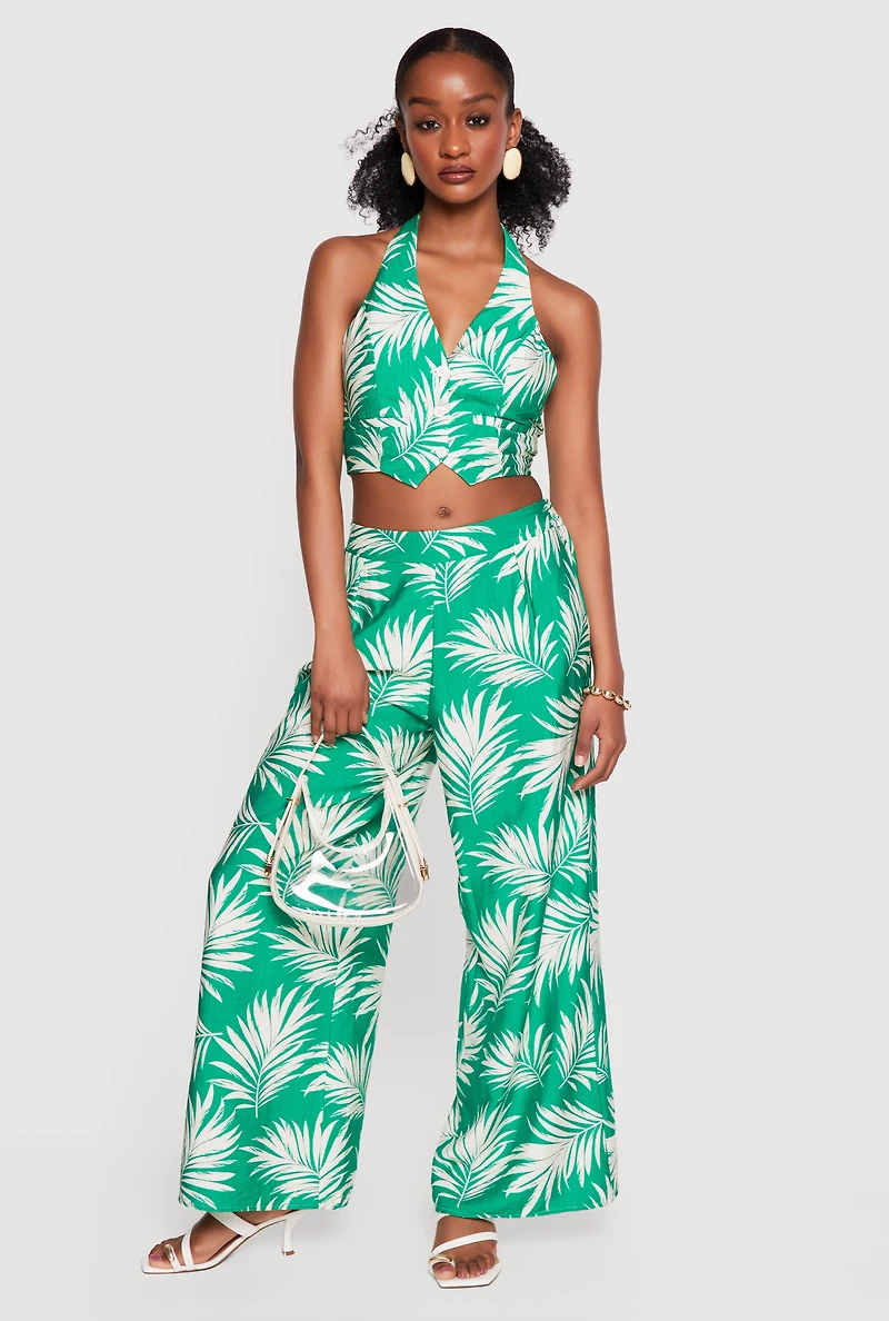Leaf Print Cropped Tie Back Halter Blazer Vest