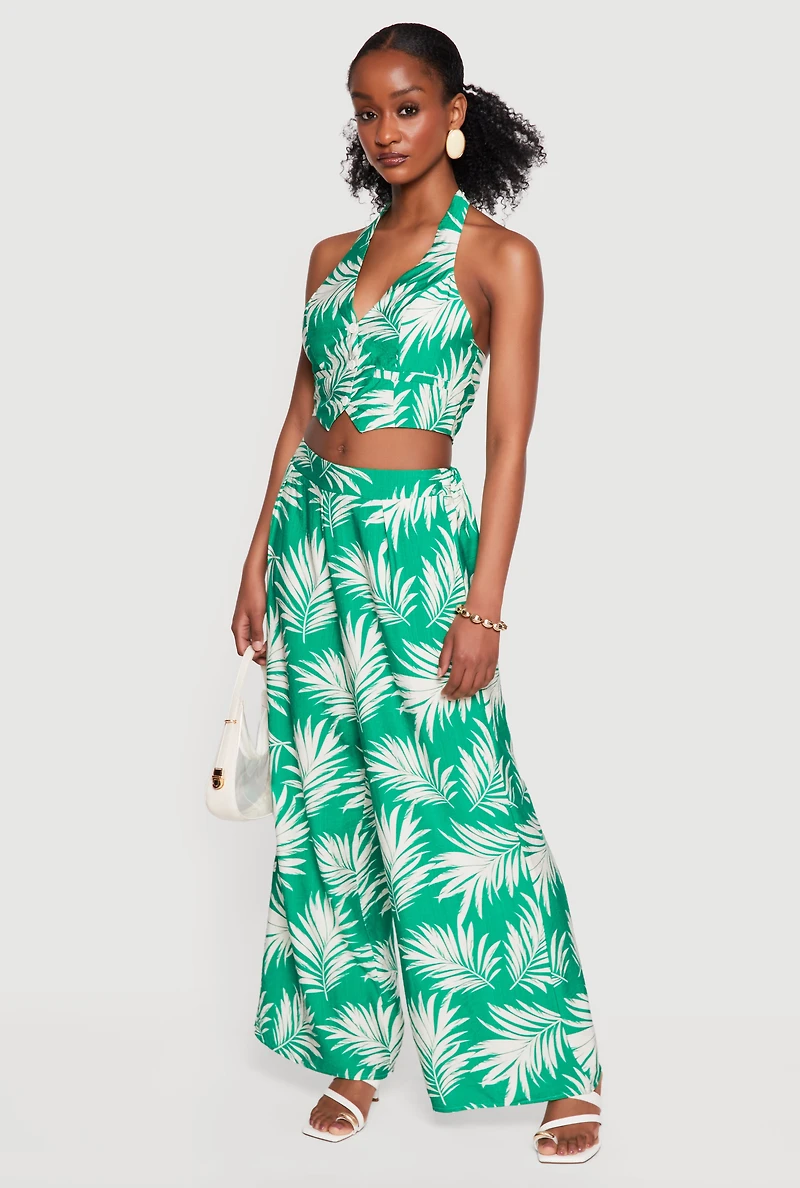 Leaf Print Cropped Tie Back Halter Blazer Vest