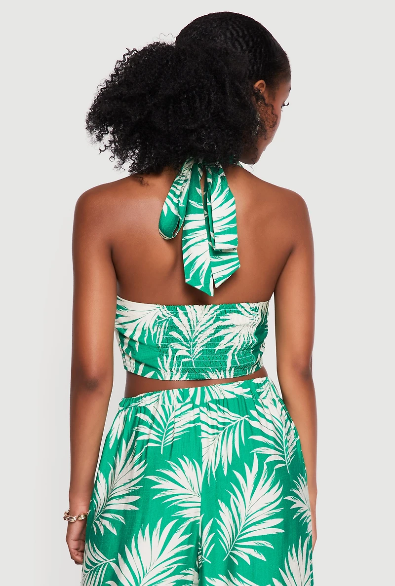 Leaf Print Cropped Tie Back Halter Blazer Vest
