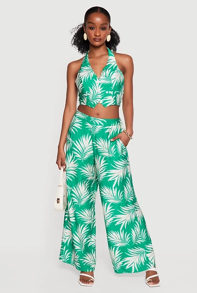 Leaf Print Wide Leg Casual Pants
