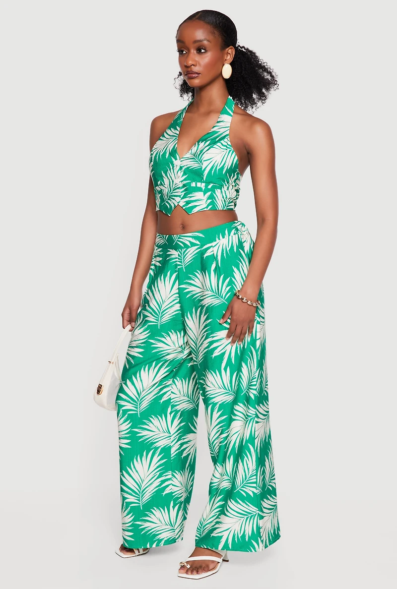 Leaf Print Wide Leg Casual Pants