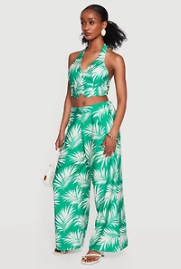 Leaf Print Wide Leg Casual Pants