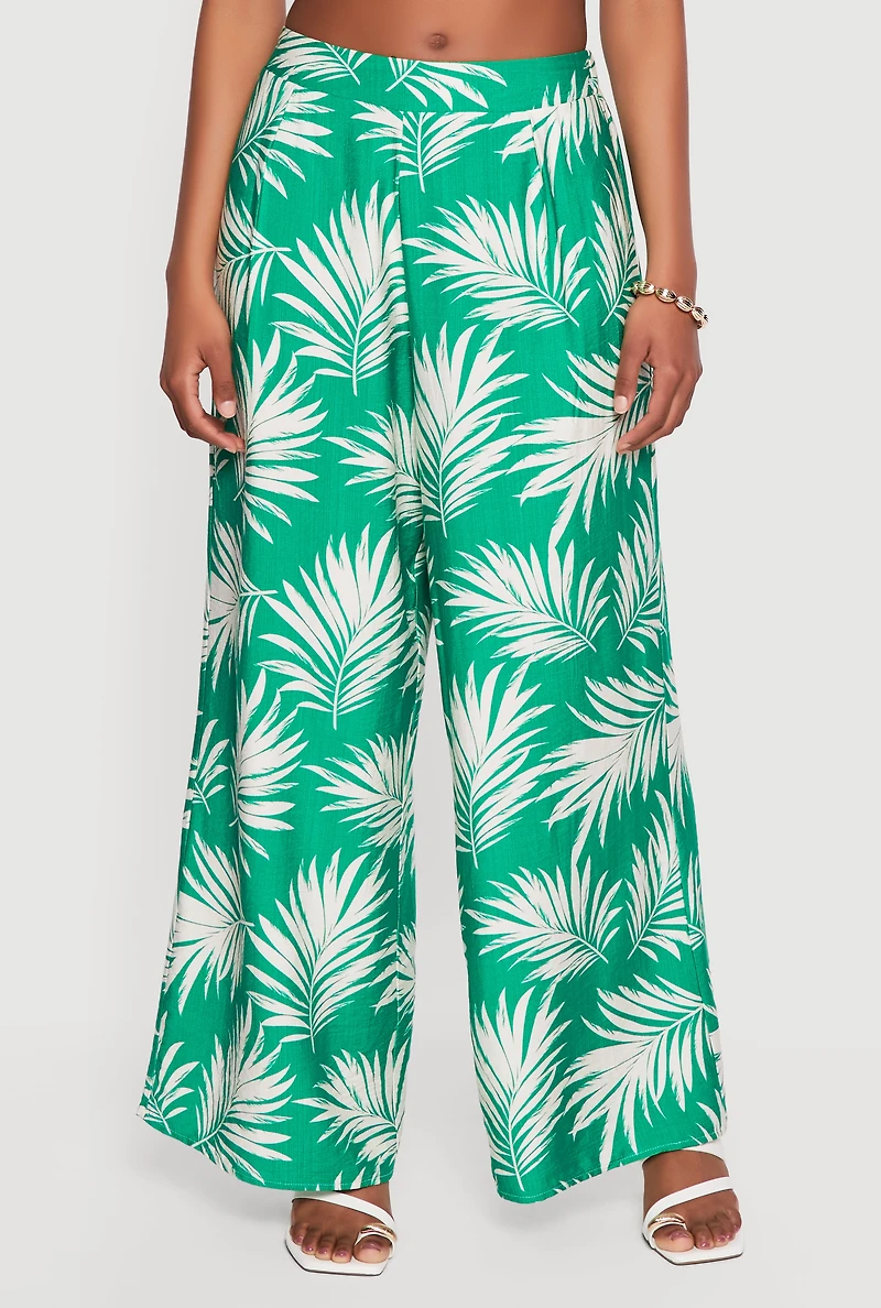 Leaf Print Wide Leg Casual Pants
