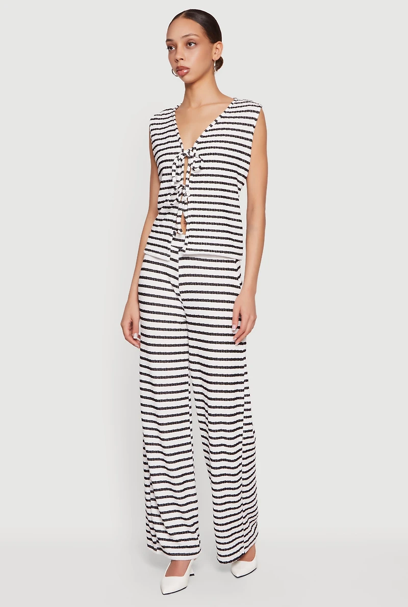 Striped Textured Knit Double Tie Front Top