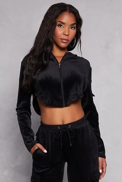 Womens Velour Rounded Hem Cropped Hoodie, Black, Size L