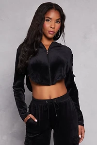 Womens Velour Rounded Hem Cropped Hoodie, Black, Size L