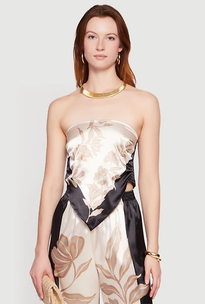 Satin Floral Handkerchief Hem Tube Top