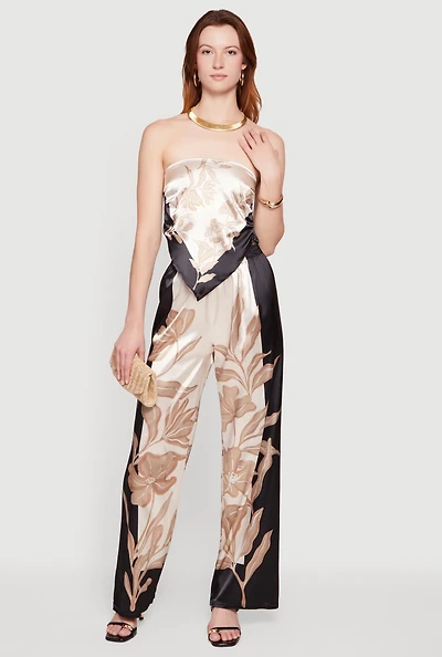 Satin Floral Border Print Wide Leg Pants