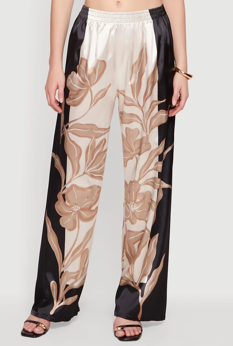 Satin Floral Border Print Wide Leg Pants