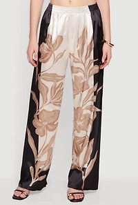 Satin Floral Border Print Wide Leg Pants