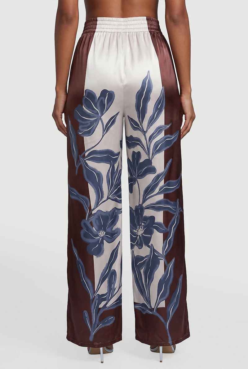Satin Floral Border Print Wide Leg Pants