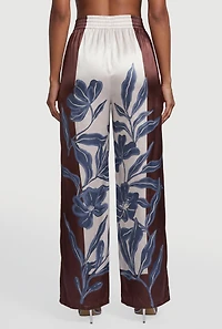 Satin Floral Border Print Wide Leg Pants