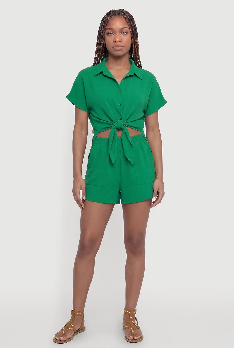 Crepe Knit Tie Front Cropped Shirt