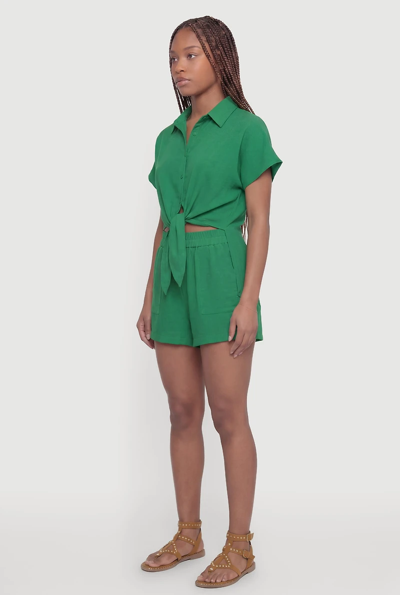 Crepe Knit Tie Front Cropped Shirt