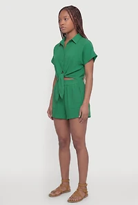 Crepe Knit Tie Front Cropped Shirt