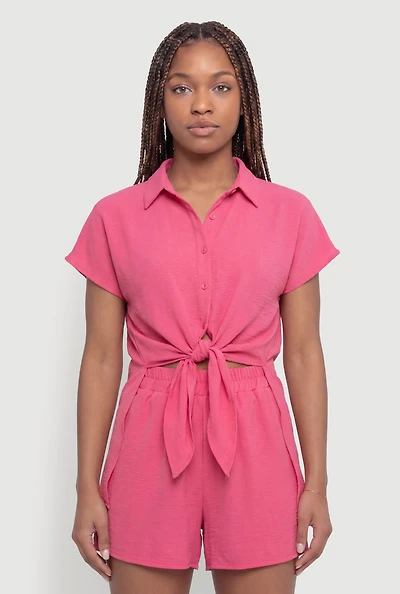 Crepe Knit Tie Front Cropped Shirt