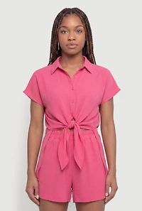 Crepe Knit Tie Front Cropped Shirt