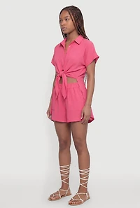 Crepe Knit Tie Front Cropped Shirt