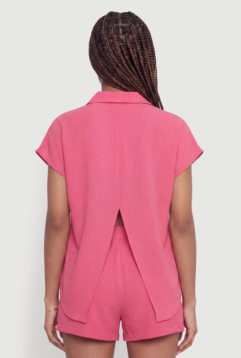 Crepe Knit Tie Front Cropped Shirt