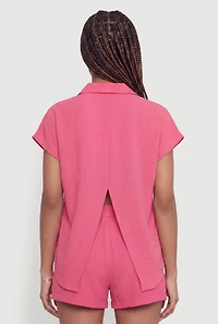 Crepe Knit Tie Front Cropped Shirt