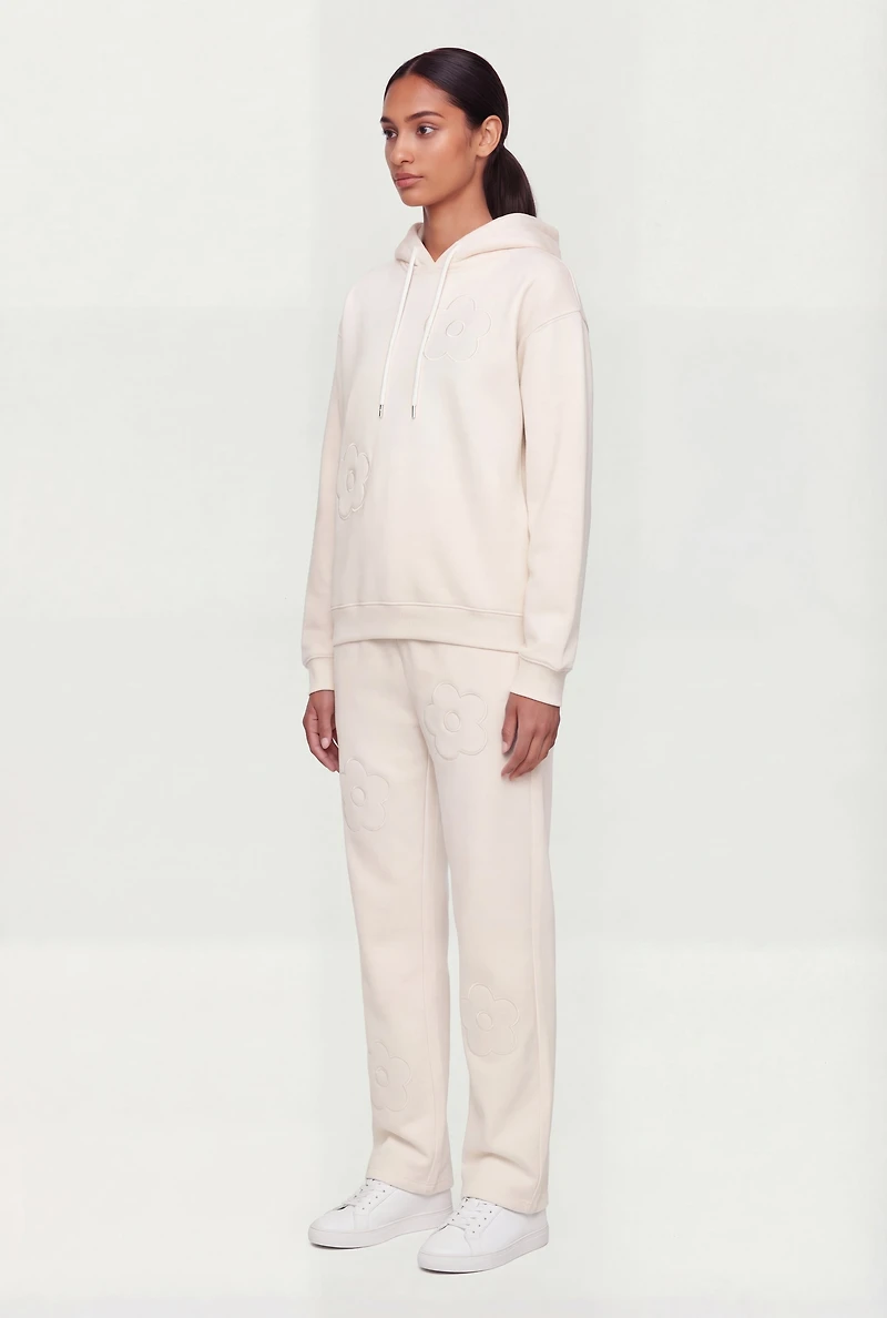 Floral Applique Pullover Drawstring Hoodie