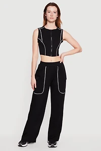 Contrast Piping Zip Front Crop Top