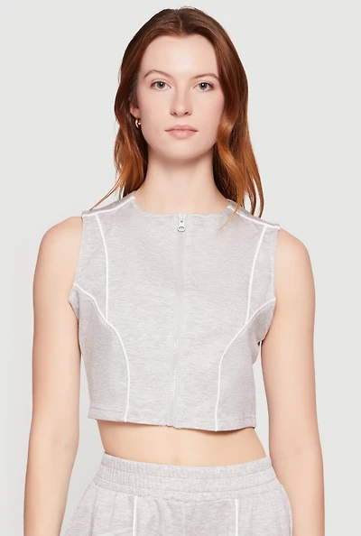 Contrast Piping Zip Front Crop Top