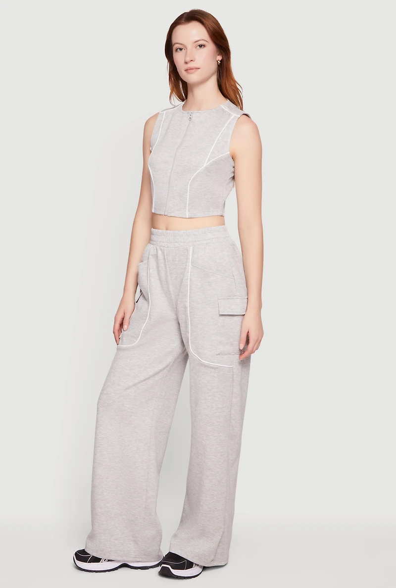 Contrast Piping Zip Front Crop Top