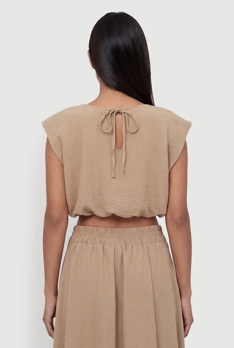 Bubble Hem Tie Back Keyhole Crop Top
