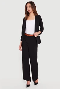 Crepe Knit Ruched Sleeve Open Front Blazer